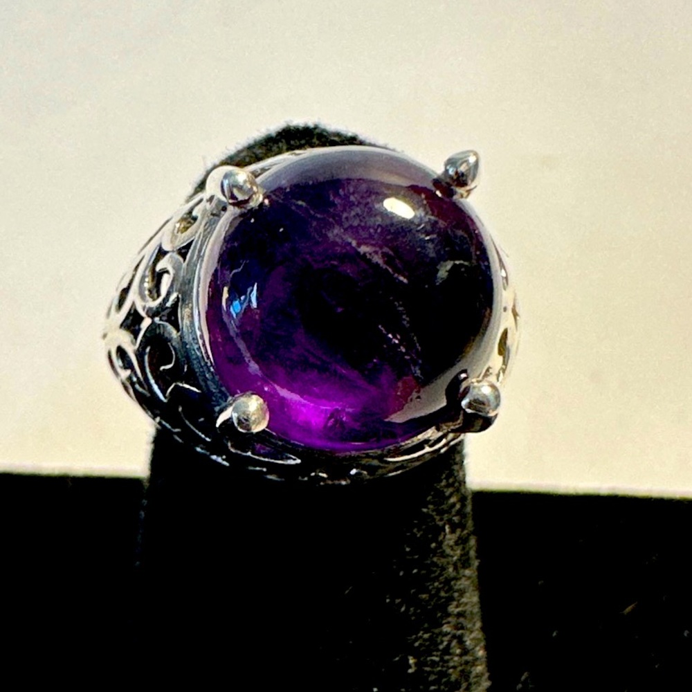 New 925 STERLING CABOCHON PURPLE AMETHYST Filigree RING Sz 5 Large (9mm) Stone